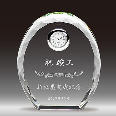 竣工記念品のクリスタル楯（盾）時計付き