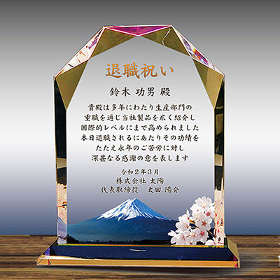 退職お祝い品のフルカラー絵柄入りクリスタル楯（盾）ダイヤカットアーチ型