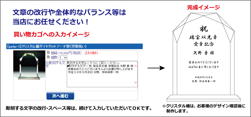 受章祝いのクリスタル楯（ダイヤカットアーチ型）