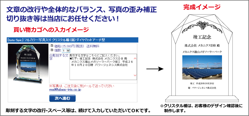 フルカラー写真入りクリスタル楯（盾）のかご